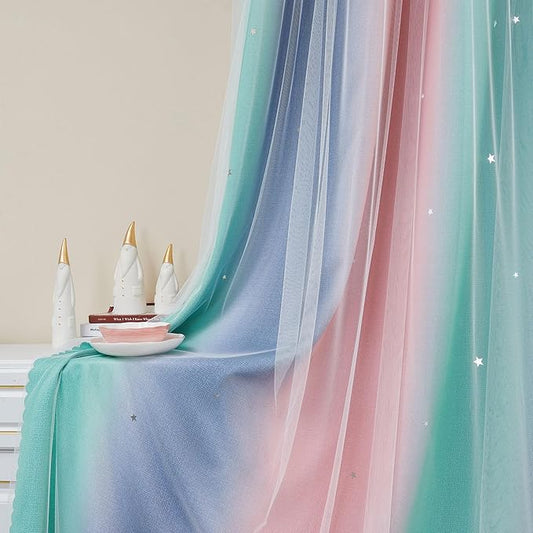 XiDi Curtains for Bedroom Decor, Rainbow Pinkgreen grey34/45