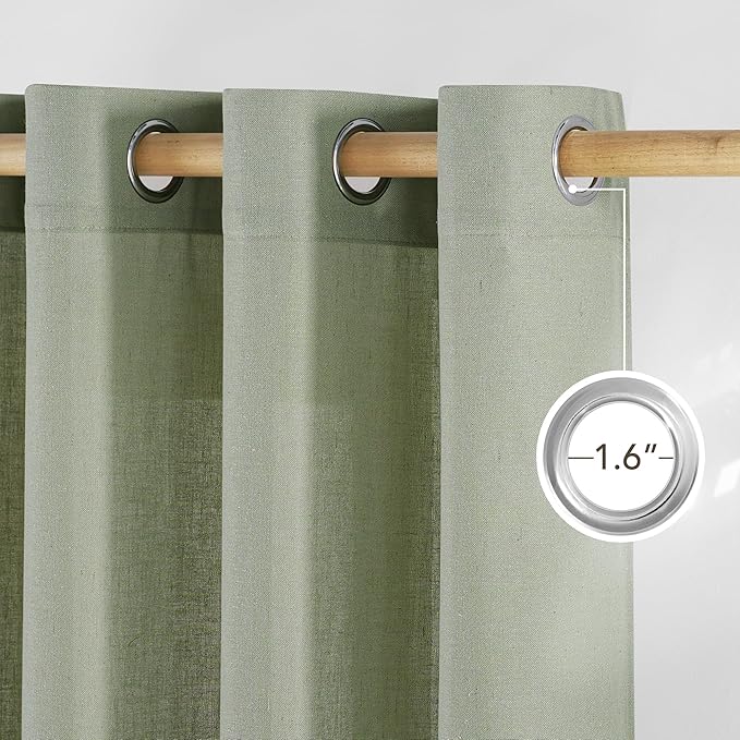 NICETOWN Thick Linen Greyish Green Curtains 84 inches Long for Bedroom, Grommet Linen Blend Semi Sheer Privacy Added Flax Light Filtering Window Treatments for Farmhouse, W55 x L84