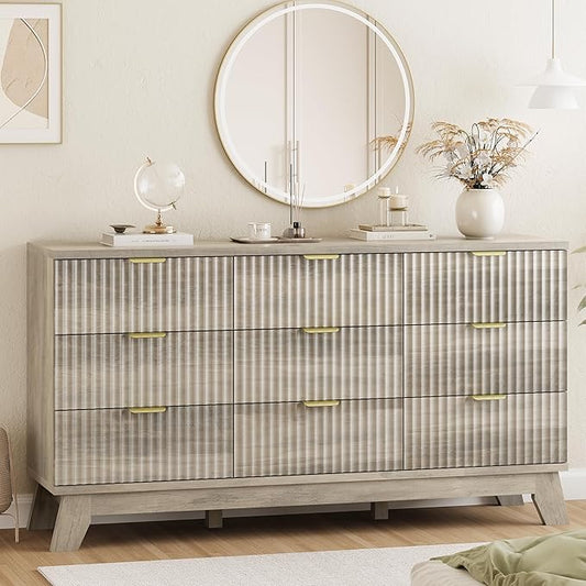 Fluted Dresser for Bedroom with 9 Drawers, 57" Wide Modern Chest of Drawers with Metal Handle, Wooden Dresser TV Stand, Wood Closet Clothes Storage Organizer for Living Room, Hallway, Grey