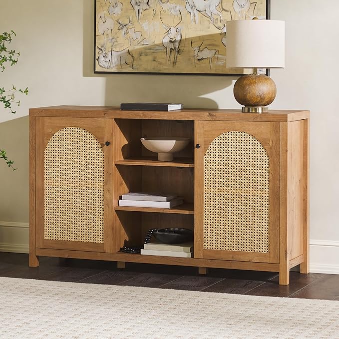 Walker Edison Sasha 2-Door Sideboard Buffet with Arched Rattan Panels, 58 Inch, English Oak