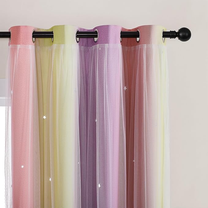 XiDi Pink & Rainbow Curtains for Kids & Girl Room - Blackout, Unicorn Wall Decals, Purple & Yellow, 34x84 Inch, 1 Panel
