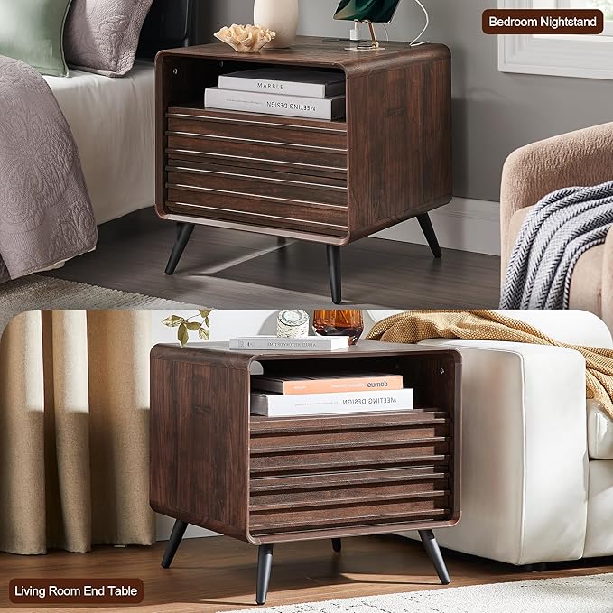 RedLemon 24" Nightstand with Charger Station, Mid Century Modern Fluted End Table with 2 Drawers, Wooden Side Table with Open Cubby Storage for Living Room, Bedroom, Office (Dark Walnut)