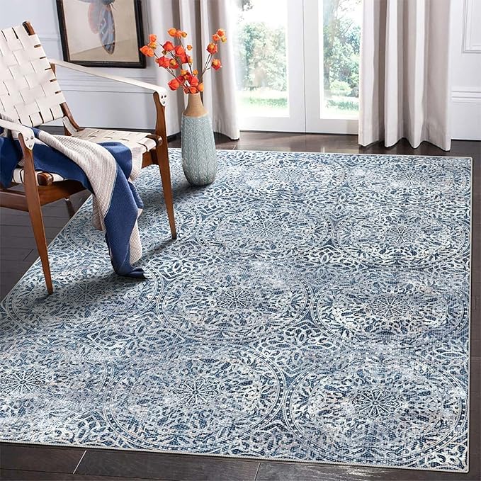 vivorug 6x9 Area Rugs, Ultra-Soft Washable Rug for Living Room Dinner Room Bedroom, Non-Slip Vintage Rug, Indoor Carpet Large Area Rug, Blue