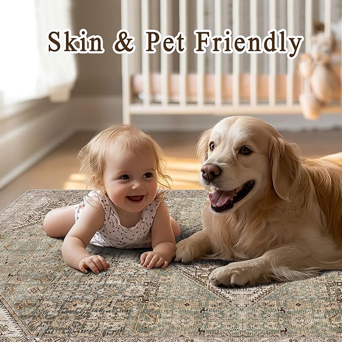 vivorug 5x7 Area Rugs - Ultra-Thin Washable Rug with Non-Slip Backing, Ideal for Living Room, Bedroom, Kitchen Floor Carpet - Vintage, Easy Clean, Durable, Turquoise/Antique