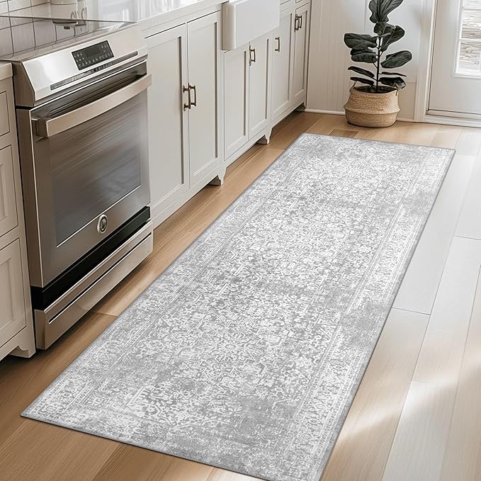 vivorug Runner Rug 2'x7' Vintage Washable Non-Slip Runners for Hallways Kitchen Entryway Laundry Room Carpet Hallway Runner Ivory/Silver