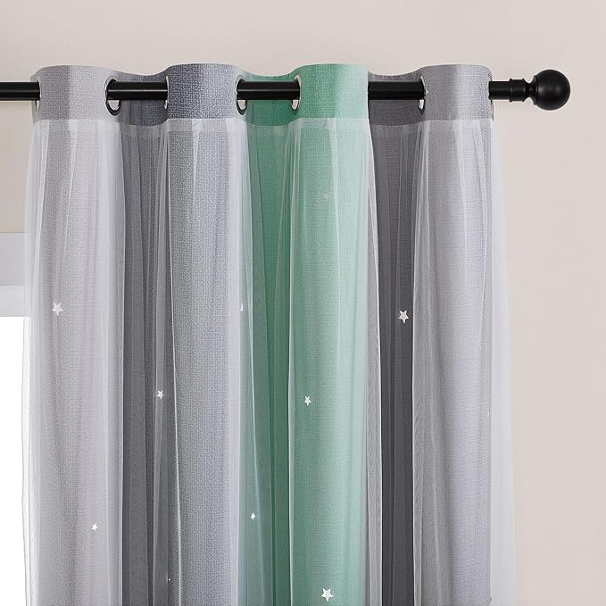 XiDi Rainbow Blackout Curtains for Kids Room, Unicorn Wall Decals, Pink, Green, Grey, 52/72/1