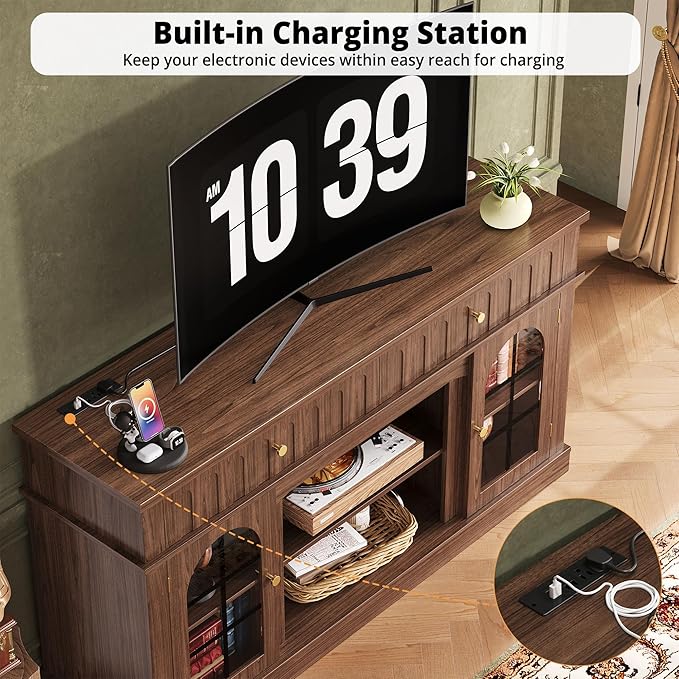 IRONCK TV Stand for 65 Inch TV, Entertainment Center with Charging Station and and Fireplace Mantel, Arched Design, Mid Century Modern TV Stands for Living Room and Bedroom, Walnut Brown