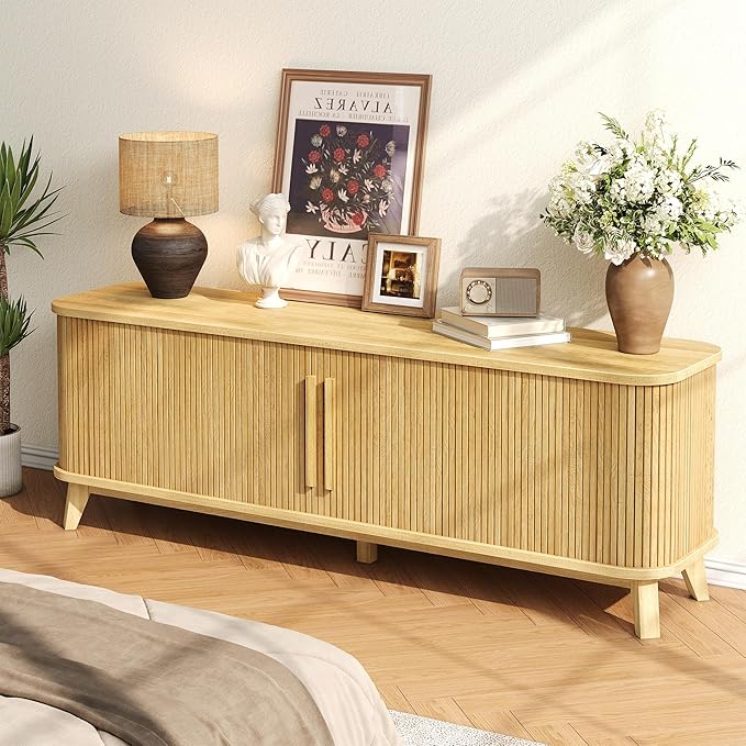 66" TV Stand for 80 Inch TV, Modern Entertainment Center with Storage Cabinet and Adjustable Shelves, Mid-Century Wood Curved TV Media Console with Sliding Doors for Living Room, Bedroom, Natural Oak