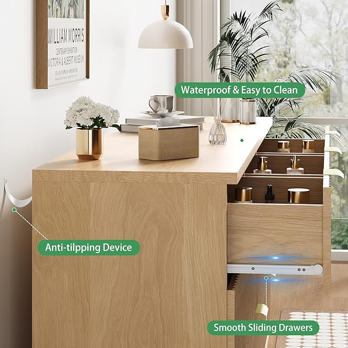 Fluted Dresser for Bedroom with 7 Drawers, 48" Wide Modern Chest of Drawers with Metal Handle, Wood Dresser TV Stand, Wooden Closet Clothes Storage Organizer for Living Room, Hallway, Natural Oak