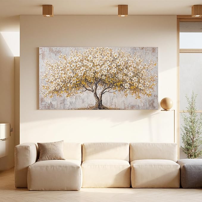 Canvas Wall Art Decor White Tree Of Life Wall Canvas Art For Living Room Pictures Wall Decor Golden Vintage Art Prints Decorative Painting Artwork For Bedroom Office Room Wall Decor 20×40 Inch