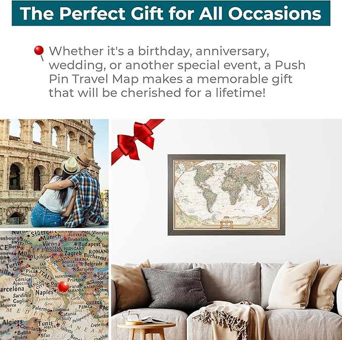 Push Pin Travel Maps Customizable Wall Art - Executive World - Barnwood Gray - Framed Pin Map, Includes 150 Pins - Handcrafted in USA - 27.5" x 39.5"