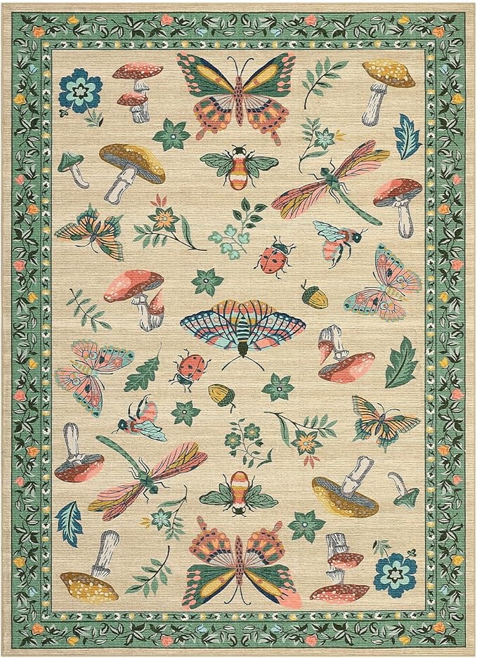 Mushroom Washable Area Rug 6x9 Rugs for Living Room Soft Low-Pile Stain Resistant Thin Carpet for Bedroom Dining Nursery Non Slip Mat with Rubber Khaki Green