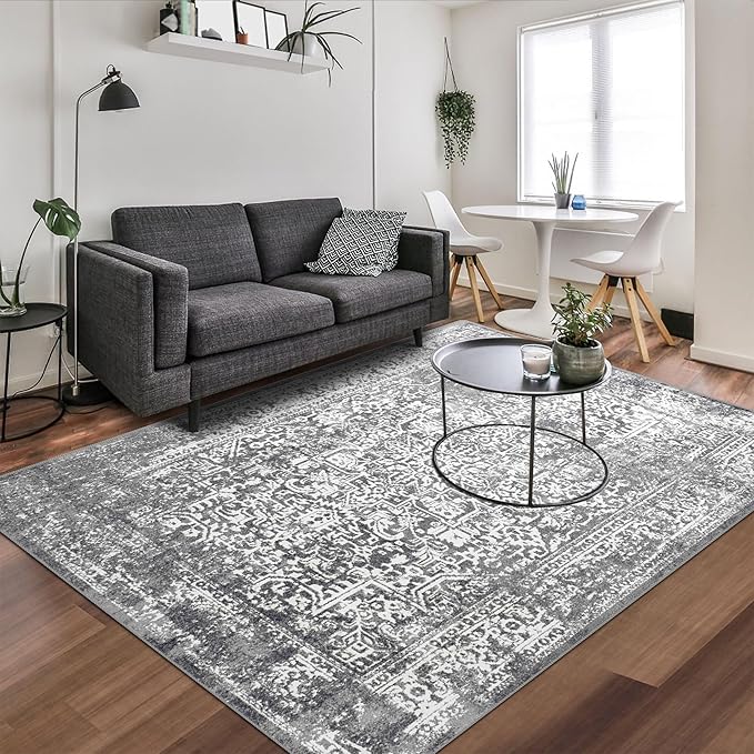 vivorug 3x5 Area Rugs, Stain Resistant Washable Rug for Living Room, Vintage-Inspired Grey Rug