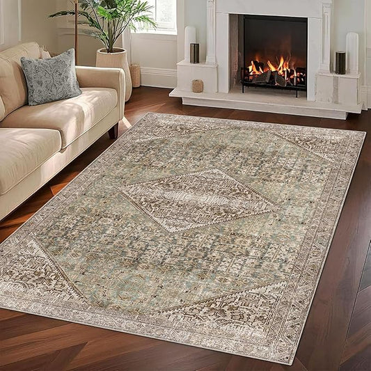 vivorug 5x7 Area Rugs - Ultra-Thin Washable Rug with Non-Slip Backing, Ideal for Living Room, Bedroom, Kitchen Floor Carpet - Vintage, Easy Clean, Durable, Turquoise/Antique