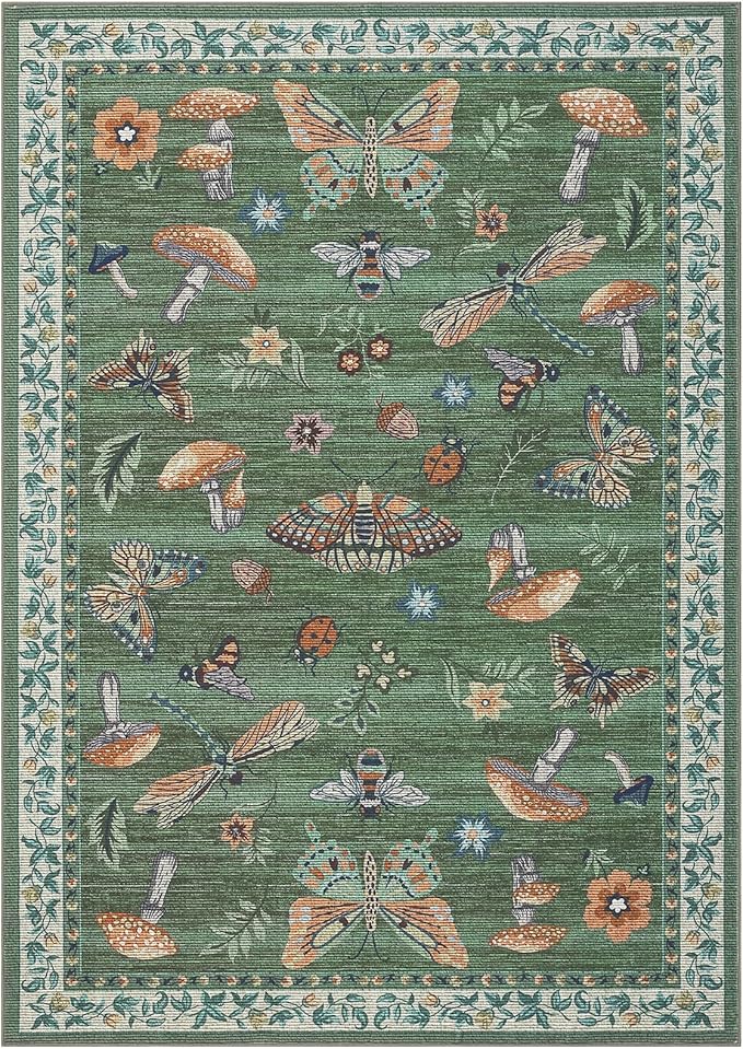 Mushroom 10x13 Area Rug for Living Room Washable Non Slip Forest Soft Low-Pile Stain Resistant Thin Large Throw Carpet for Bedroom Dining Room Office Green