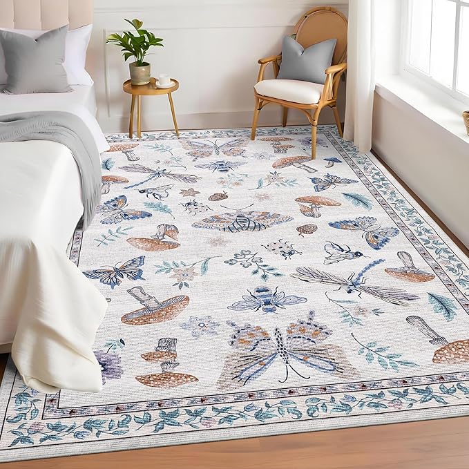 Mushroom Washable 8x10 Rug for Living Room Non Slip 8 x 10 Rug for Bedroom with Rubber Back Soft Low-Pile Stain Resistant Foldable Large Carpet for Office Nursery Dining Room Beige