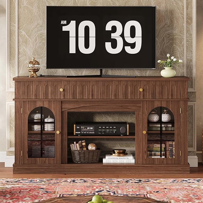 IRONCK TV Stand for 65 Inch TV, Entertainment Center with Charging Station and and Fireplace Mantel, Arched Design, Mid Century Modern TV Stands for Living Room and Bedroom, Walnut Brown