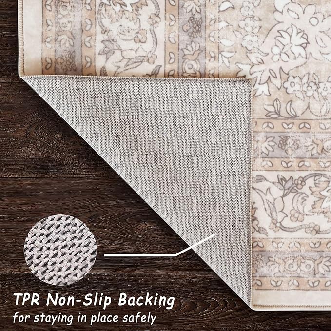 vivorug 4x6 Rug, Small Neutral Area Rug for Living Room, Bedroom, Kitchen, Machine Washable Non-Slip Throw Rug, Vintage Floral Carpet for Entryway Nursery Coffee Table - Durable (Beige)