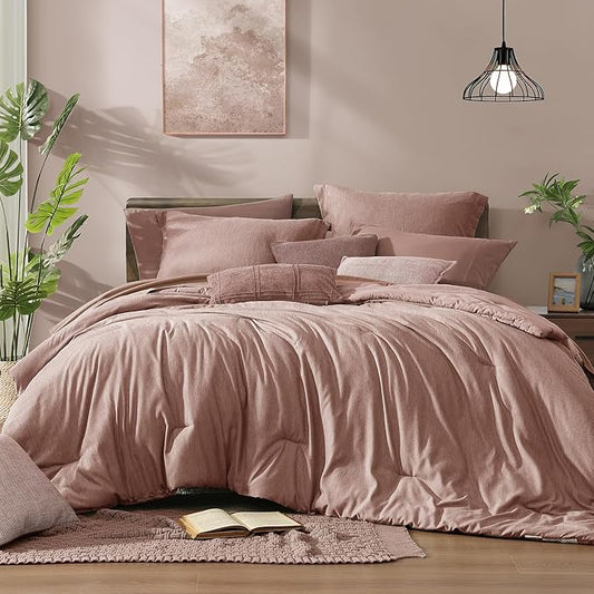Monbix King Size Comforter Set,7 Pieces Dusty Pink Cationic Dyeing Bed in a Bag King with Comforter, Sheets, Pillowcases & Shams, All Season Reversible Bedding Comforters