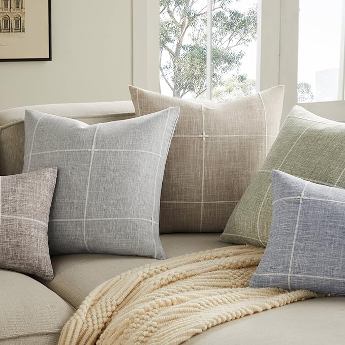 2 Packs Grid Embroidery Throw Pillow Covers, 20x20 Inch Taupe, Farmhouse Linen Decorative Light Brown Cushion Covers for Sofa Bed Living Room Home Decor