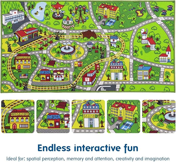 Booooom Jackson Kids' Train & City Rug - Non-Slip, Washable, Race Car Track Play Mat for Boys & Girls