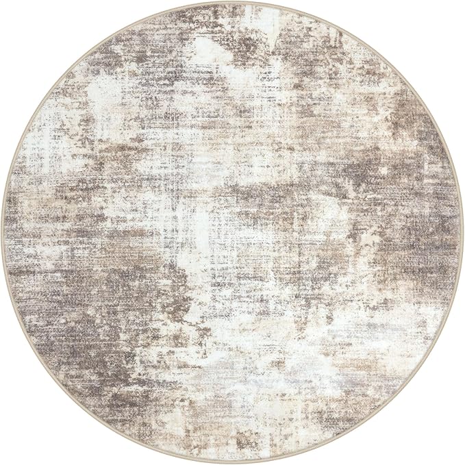 IOHOUZE Round Area Rug 5 Ft Circle Entryway Rugs Round Washable Door Mat Indoor Entrance, Non Slip Circle Front Door Rug, Printed Abstract Faux Wool Floor Carpet for Foyer Porch Sink, Beige Brown