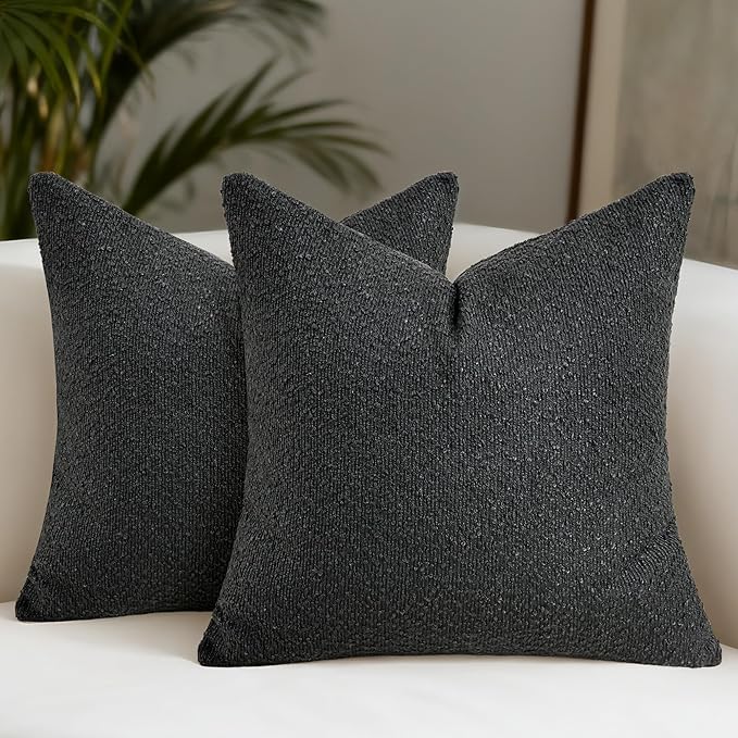 Textured Boucle Pillow Covers 18x18 Inch Set of 2, Striped Solid Pillowcases Cozy Soft Modern Accent Boho Square Decorative Throw Pillows for Couch Sofa Bed Living Room Home Decor, Black