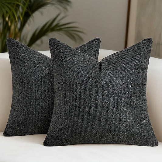 Textured Boucle Pillow Covers 18x18 Inch Set of 2, Striped Solid Pillowcases Cozy Soft Modern Accent Boho Square Decorative Throw Pillows for Couch Sofa Bed Living Room Home Decor, Black