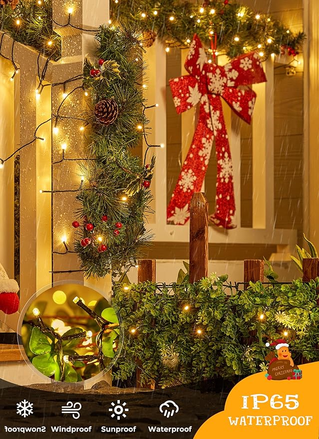 Brightown 2 Pack Solar Christmas Lights, Total 92FT 240 LED Solar String Lights Outdoor Waterproof Green Wire with 8 Modes, Solar Fairy Light for Garden Yard Patio Party Decors, Warm White