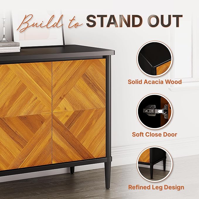 Lenia Solid Wood Storage Cabinet with Diamond Pattern Doors, Rustic Farmhouse Accent Cabinet for Living Room, or Entryway, Easy Assembly, Teak Brown