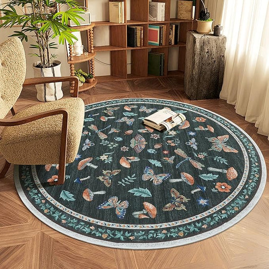 Mushroom Insect 4ft Round Rug Washable Non-Slip Soft Ultra-Thin Small Boho Circle Carpet for Entryway Kitchen Bedroom Nursery Dining Room Black