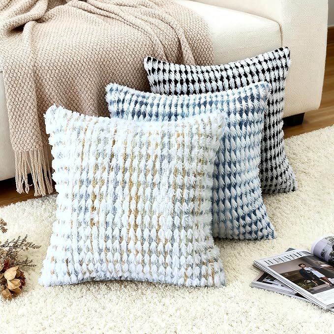 Boho Chenille Tufted Pillow Cover 18x18 Inch Set of 1, Farmhouse Striped Decorative Pillow Covers Accent Fluffy Neutral Square Pillowcases for Couch Sofa Bedroom Living Room, Gray Khaki