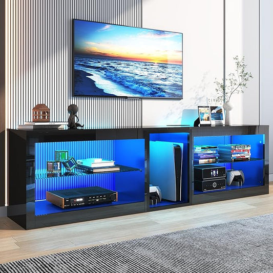 Vinctik 6&Fox 71inch Large High Gloss LED TV Stands w/Power Outlet,60,000-Colors Lighting for 70 75 80inch TV,Modern Black LED Entertainment Center w/Adjustable Glass Shelves for Living Room Gameroom