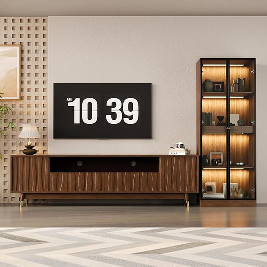 Mid-Century Modern TV Stand and Glass Display Cabinet Entertainment Center Set Media Console with Wine Cabinet Lighted Showcase Storage and Drawers for Living Room Office (102" W 2-Piece Set - AC)