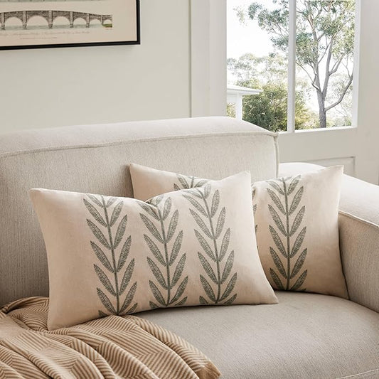 100% Cotton Farmhouse Leaves Lumbar Throw Pillow Covers Set of 2, 12x20 Inch Green Pastoral Decorative Print Cushion Covers for Sofa Bed Living Room Home Decor