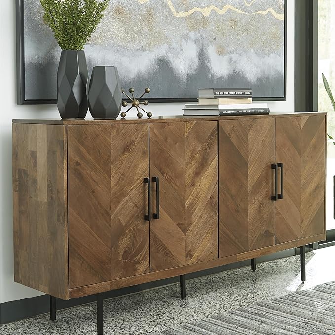 Signature Design by Ashley Prattville Contemporary Accent Cabinet with 4 Chevron Pattern Doors, Brown