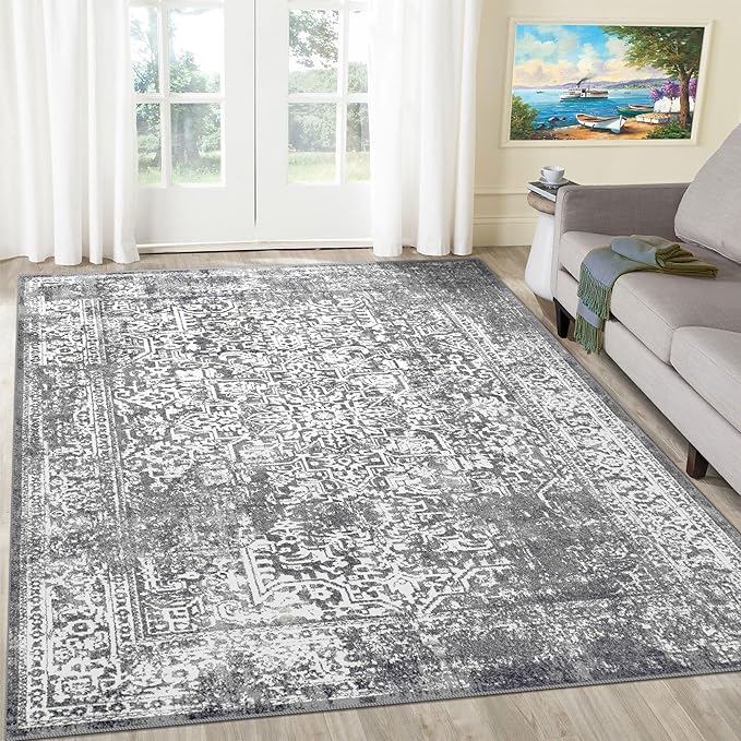 vivorug 3x5 Area Rugs, Stain Resistant Washable Rug for Living Room, Vintage-Inspired Grey Rug
