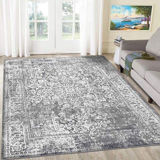 vivorug 3x5 Area Rugs, Stain Resistant Washable Rug for Living Room, Vintage-Inspired Grey Rug