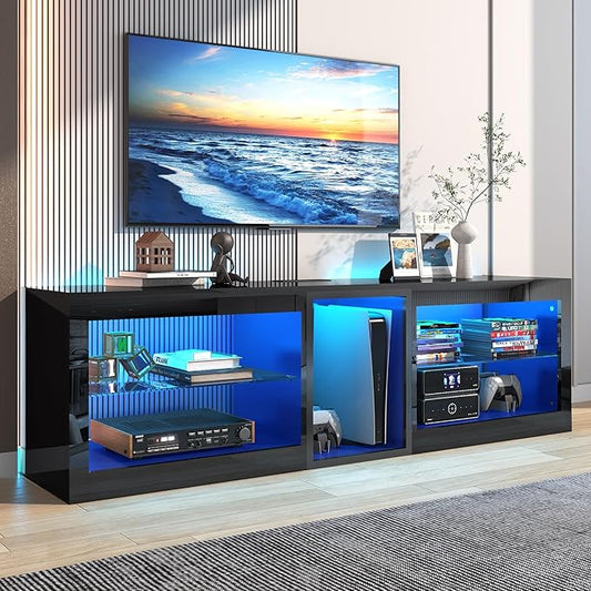 Vinctik 6&Fox LED TV Stands w/Power Outlet,60,00-Colors Lighting for 60 65in TV, 55" Modern High Gloss Entertainment Center,TV Console W/Adjustable Glass Shelves for Living Room Game Bedroom (Black)
