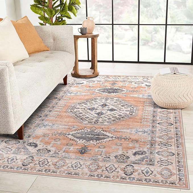 vivorug 4x6 Rug, Small Area Rug for Living Room, Bedroom, Kitchen, Machine Washable Non-Slip Throw Rug, Vintage Distressed Carpet for Entryway Nursery Dinner Room, Orange
