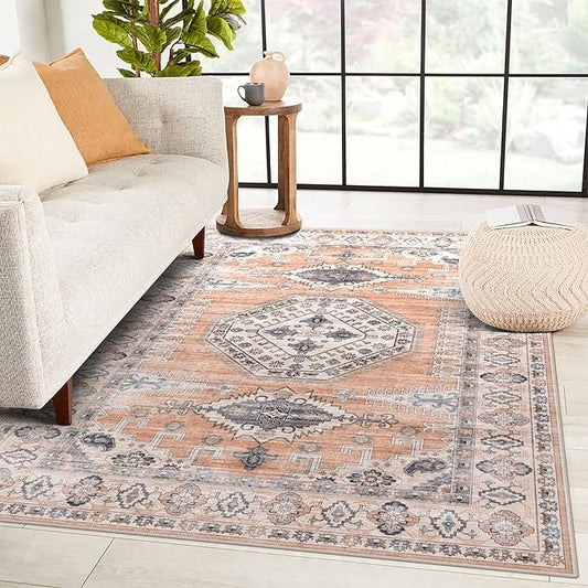 vivorug 4x6 Rug, Small Area Rug for Living Room, Bedroom, Kitchen, Machine Washable Non-Slip Throw Rug, Vintage Distressed Carpet for Entryway Nursery Dinner Room, Orange