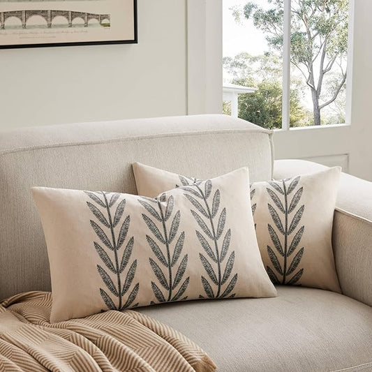 100% Cotton Farmhouse Leaves Lumbar Throw Pillow Covers Set of 2, 12x20 Inch Black Pastoral Decorative Print Cushion Covers for Sofa Bed Living Room Home Decor