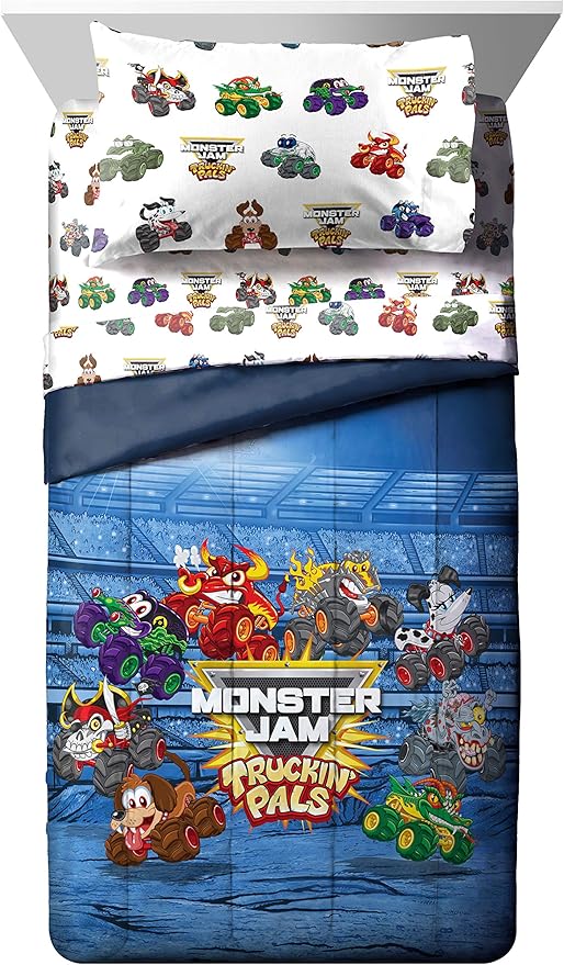 Jay Franco Monster Jam Truckin' Pals 4 Piece Toddler Bed Set - Includes Comforter & Sheet Set - Bedding Features Grave Digger & Megalodon - Super Soft Fade Resistant Microfiber