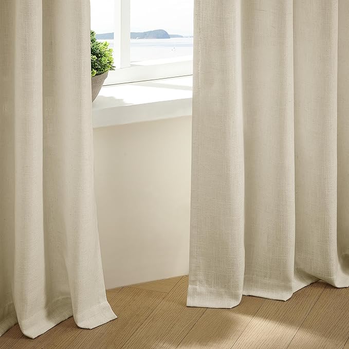 108 Inch Linen Curtains 2 Panels Set Pinch Pleated for Living Room Bedroom Memory Training Shaped Semi Sheer Neutral Beige Tan Flax Burlap Pleat Drapes Hooks Rings Light Filtering Window Curtain