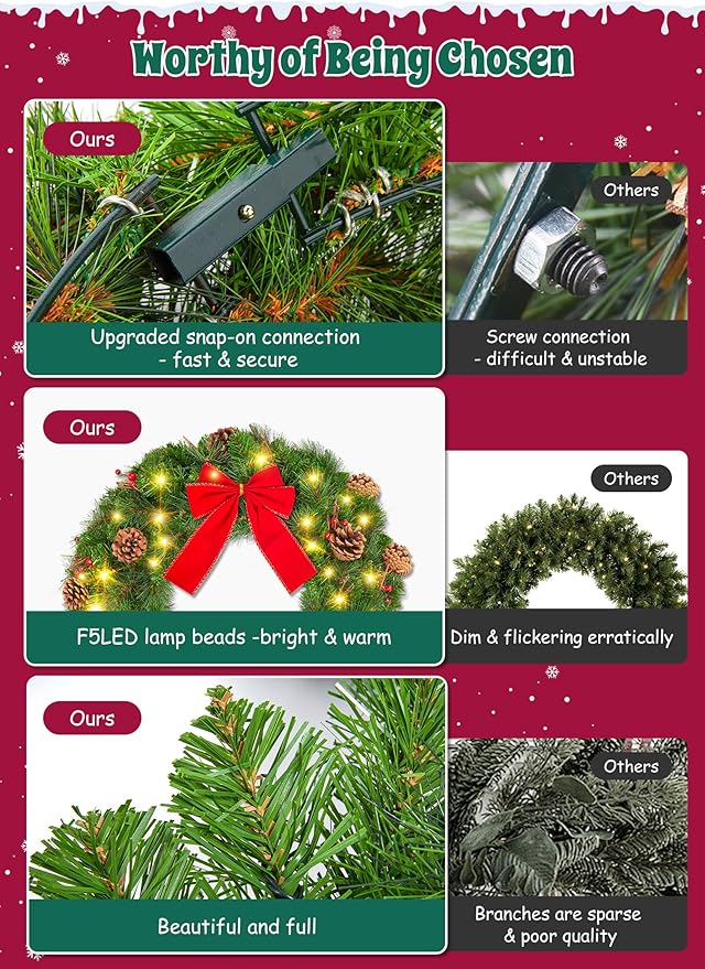 24 Inch Prelit Christmas Wreath for Front Door, Battery Operated LED Light Christmas Wreath with Bow and Pine Cones, Lighted Wreath Wall Windows Decoration