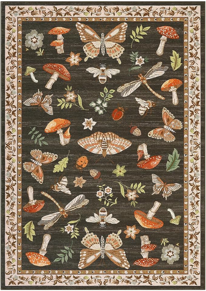 Mushroom 8x10 Rug for Living Room Non Slip Washable 8 X 10 Rug for Bedroom with Rubber Back Soft Low-Pile Stain Resistant Foldable Large Carpet for Office Nursery Dining Room Brown