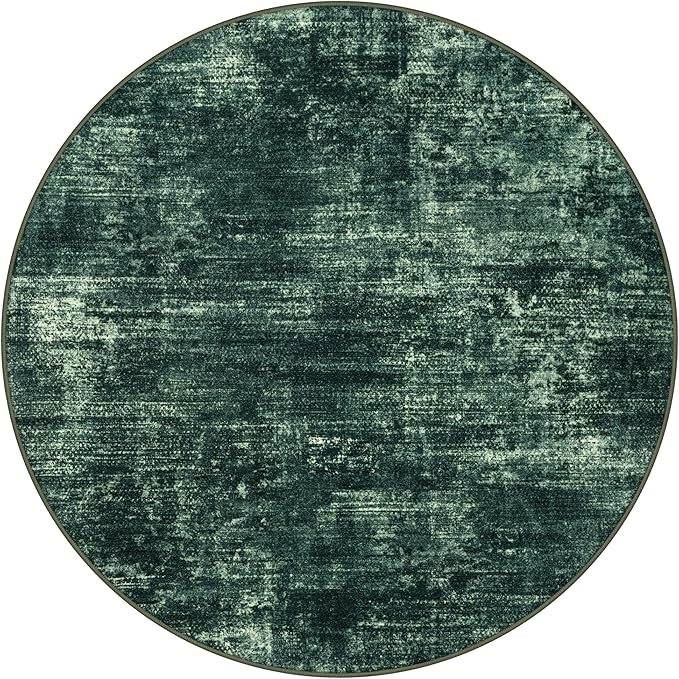 IOHOUZE Abstract Round Area Rug 8 Ft Washable Circle Rugs Large Round Rug Non Slip Thin Soft Circle Rugs, Printed Faux Wool Floor Carpet for Bedroom Living Room Dining Room Nursery, Dark Green