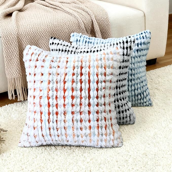 Boho Chenille Tufted Pillow Cover 24x24 Inch Set of 1, Farmhouse Striped Decorative Pillow Covers Accent Fluffy Neutral Square Pillowcases for Couch Sofa Bedroom Living Room, Orange White