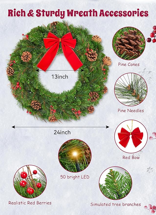 24 Inch Prelit Christmas Wreath for Front Door, Battery Operated LED Light Christmas Wreath with Bow and Pine Cones, Lighted Wreath Wall Windows Decoration