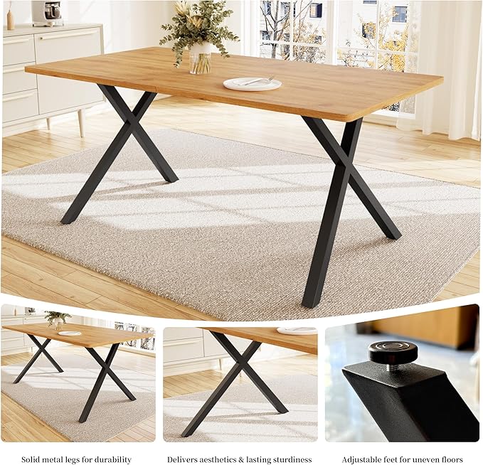 63" Modern Dining Table for 6 People, Large Rectangle Kitchen Table with X-Shaped Legs, Industrial Dining Room Furniture for Dinner, Apartment, Oak